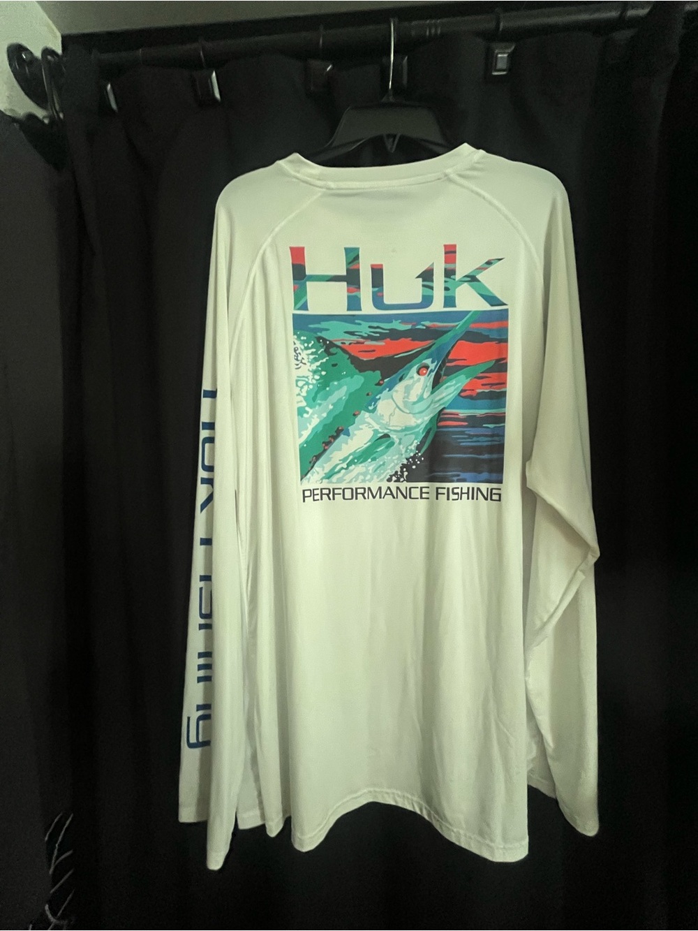 Huk White Long Sleeve Performance Fishing Shirt with Teal & Red Marlin Art